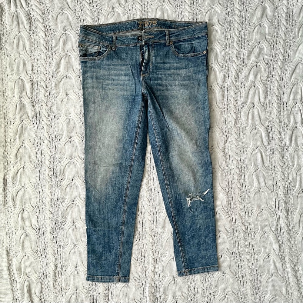 ZARA Z1975 Skinny Jeans Cropped Mid Rise Blue Floral Size 10